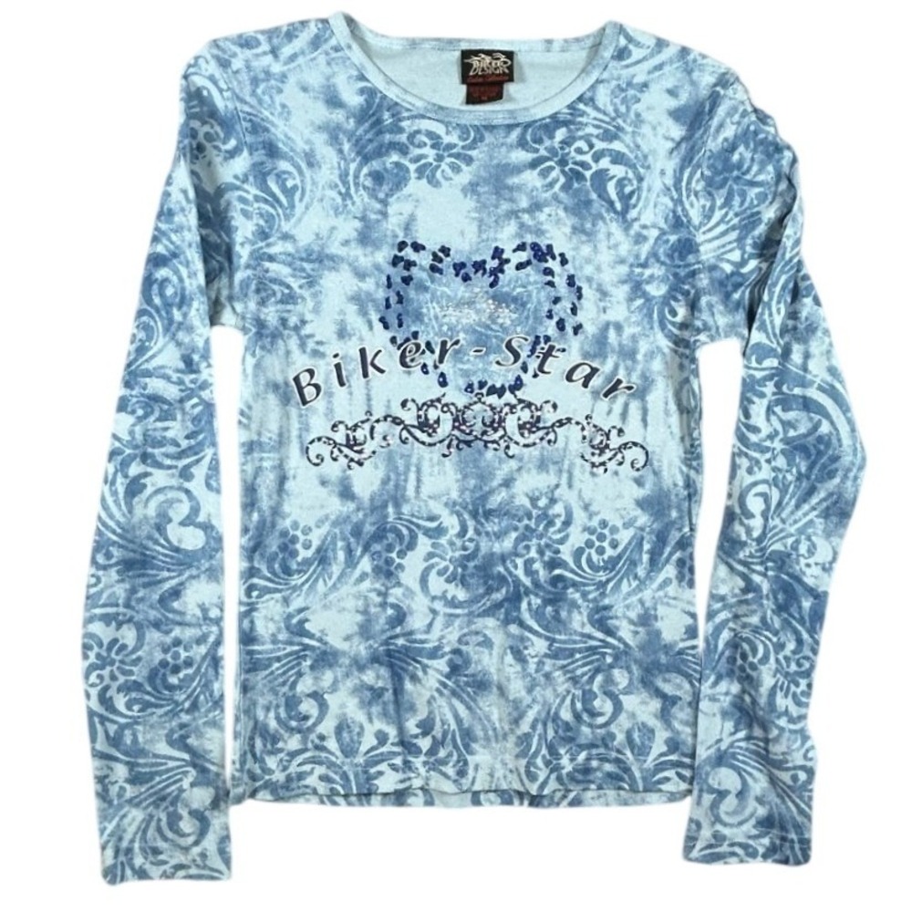 Biker Design Blue Acid Wash Damask Graphic Long Sleeve Top Womens Medium Y2K